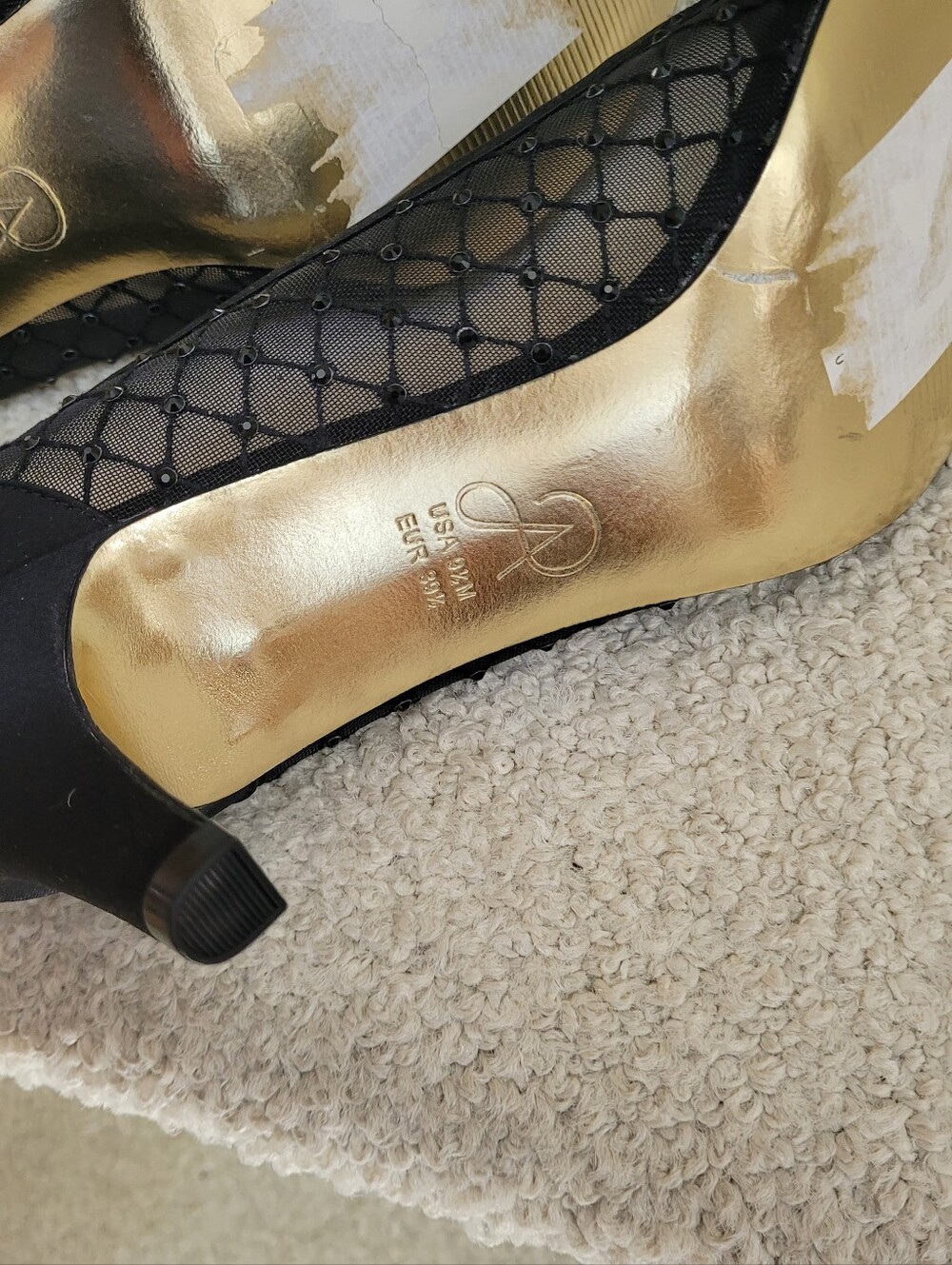 Adrianna Papell Black Mesh Peep-Toe Heels with Gold Insole - Picture 6 of 6